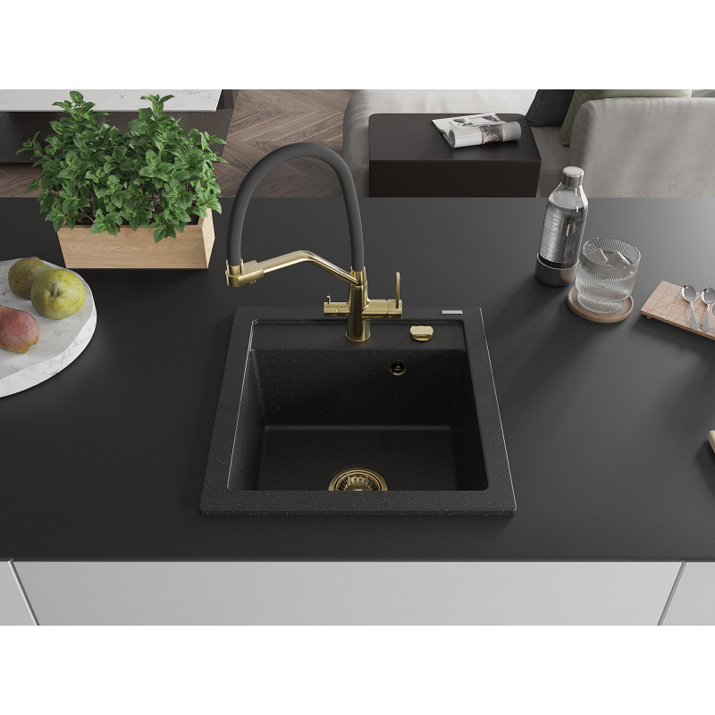 Mexen Vito Granitspüle 1-beckig mit Küchenarmatur Duo, schwarz/silber metallic - 6503-73-671701-57-G