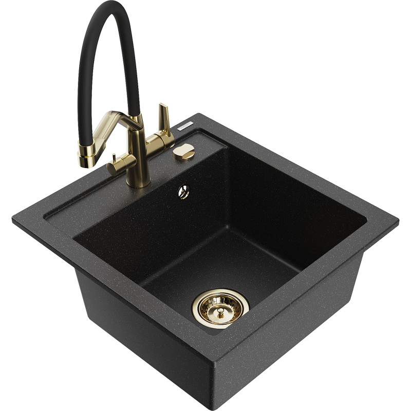 Mexen Vito Granitspüle 1-beckig mit Küchenarmatur Duo, schwarz/silber metallic - 6503-73-671701-57-G