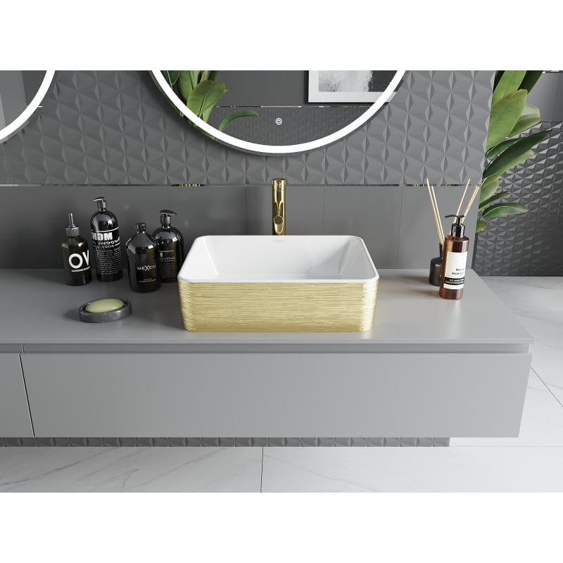 Mexen Catia Aufsatzwaschbecken 48 x 38 cm, weiß/gold Muster Linien - 21314817