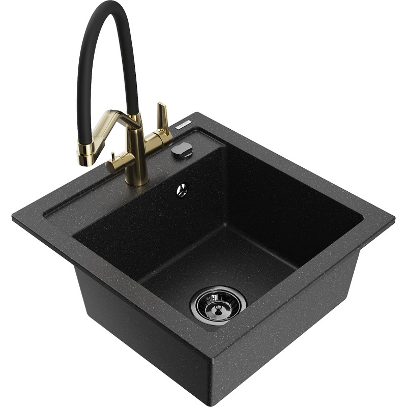 Mexen Vito Granitspüle 1-Fach mit Küchenarmatur Duo, schwarz/silber metallic - 6503-73-671701-57-B