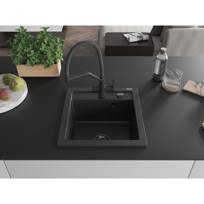 Mexen Vito Granitspüle 1-Becken mit Küchenarmatur Duo, Schwarz/Silber Metallic - 6503-73-671701-70-B