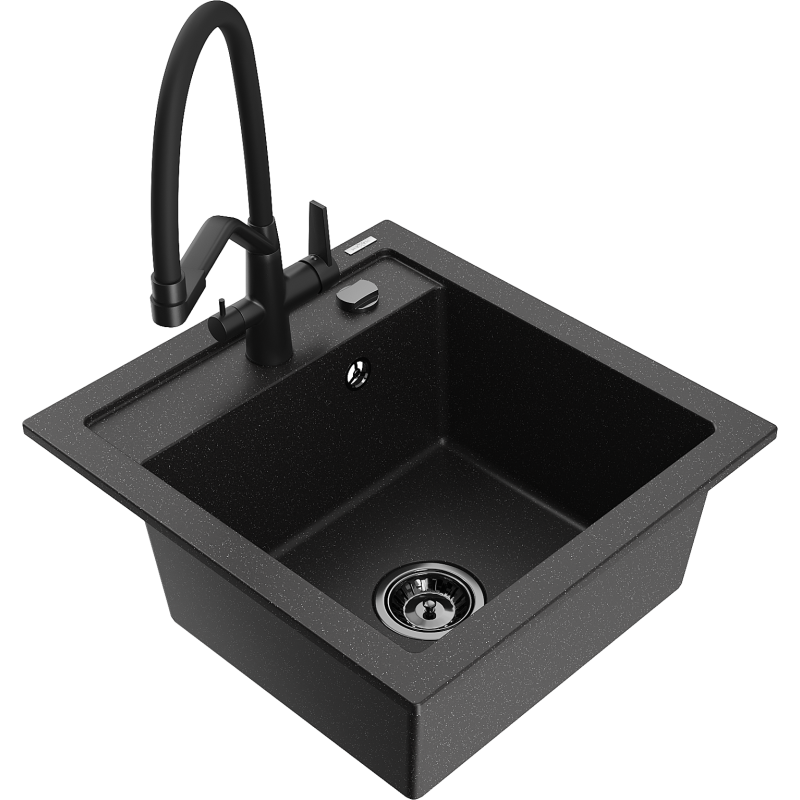 Mexen Vito Granitspüle 1-Becken mit Küchenarmatur Duo, Schwarz/Silber Metallic - 6503-73-671701-70-B