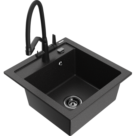 Mexen Vito Granitspüle 1-Becken mit Küchenarmatur Duo, Schwarz/Silber Metallic - 6503-73-671701-70-B