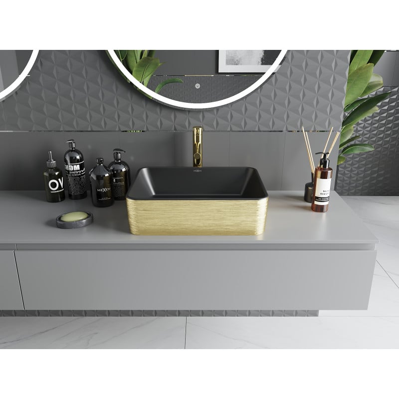 Mexen Catia Aufsatzwaschbecken 48 x 37 cm, schwarz matt/goldenes Linienmuster - 21314877