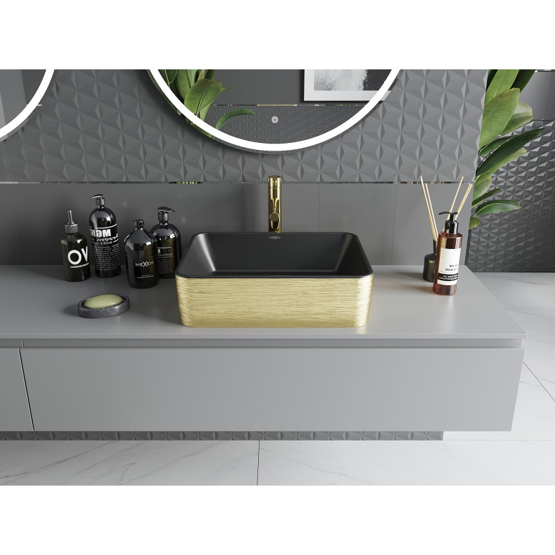Mexen Catia Aufsatzwaschbecken 48 x 37 cm, schwarz matt/goldenes Muster Linien - 21314877