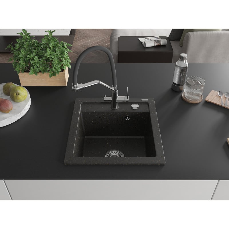 Mexen Vito 1-Kammer Granitspüle mit Duo-Küchenarmatur, schwarz/goldmetallisch - 6503-75-671701-07