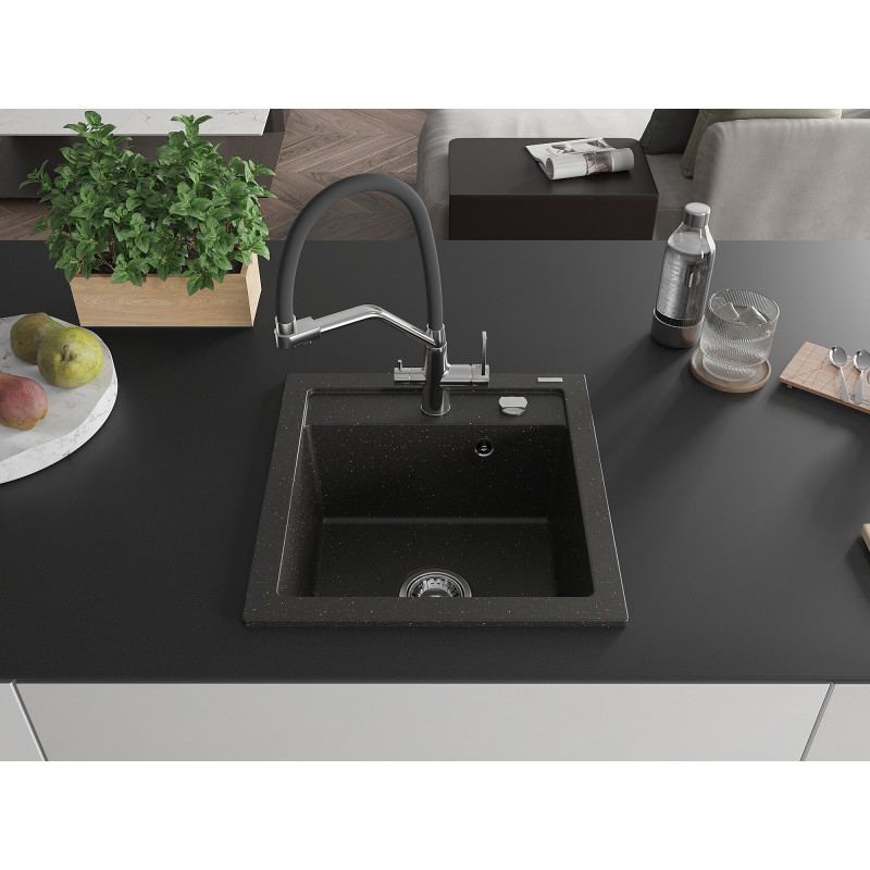 Mexen Vito Granitspüle 1-Becken mit Küchenarmatur Duo, schwarz/gold metallisch - 6503-75-671701-07