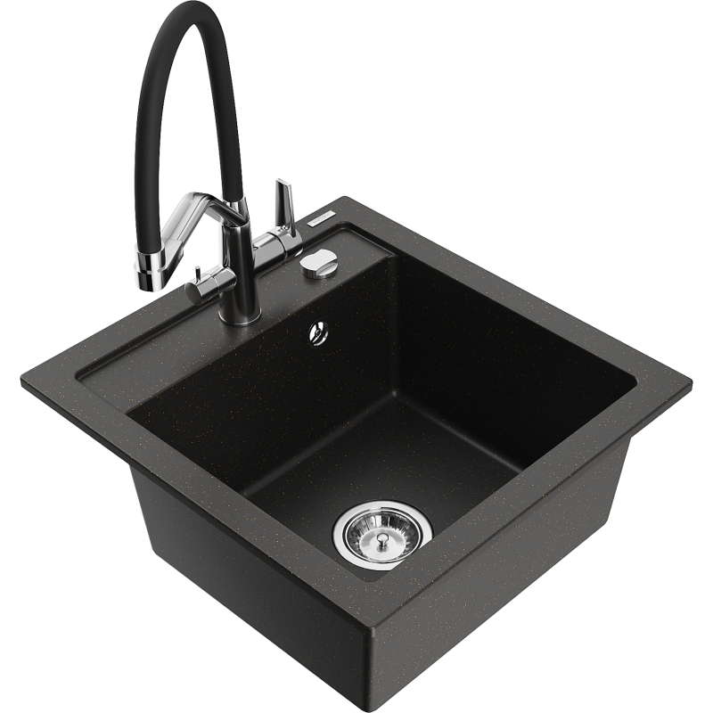 Mexen Vito 1-Kammer Granitspüle mit Duo-Küchenarmatur, schwarz/goldmetallisch - 6503-75-671701-07