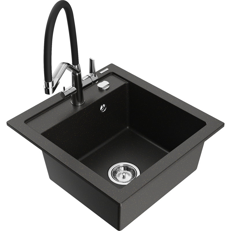 Mexen Vito Granitspüle 1-Becken mit Küchenarmatur Duo, schwarz/gold metallisch - 6503-75-671701-07