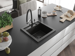 Mexen Vito Granitspüle 1-beckig mit Küchenarmatur Duo, schwarz/gold metallic - 6503-75-671701-07-B