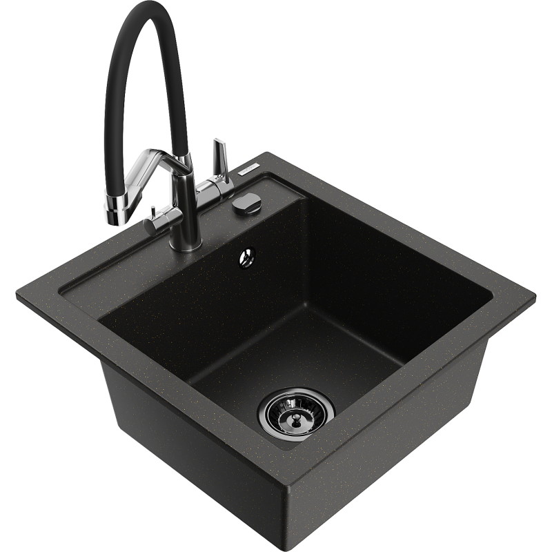 Mexen Vito Granitspüle 1-becken mit Küchenarmatur Duo, schwarz/gold Metallic - 6503-75-671701-07-B