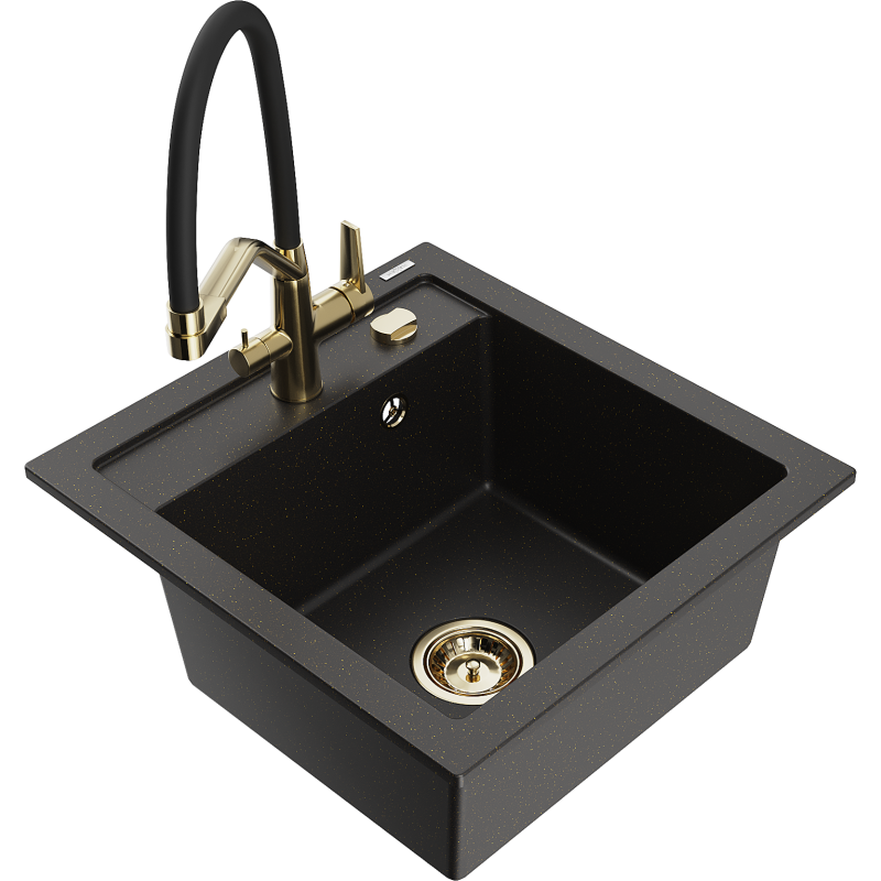 Mexen Vito Granitspüle 1-Becken mit Küchenarmatur Duo, schwarz/gold metallic - 6503-75-671701-57-G
