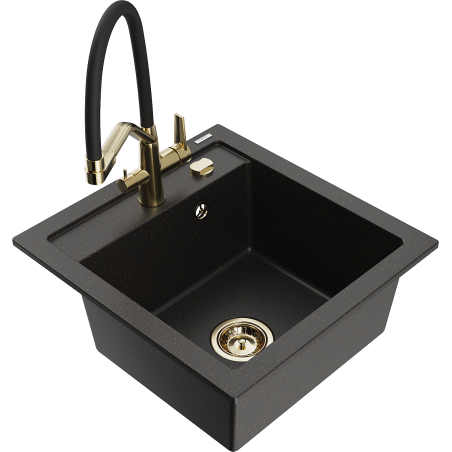 Mexen Vito Granitspüle 1-Becken mit Küchenarmatur Duo, schwarz/gold metallic - 6503-75-671701-57-G