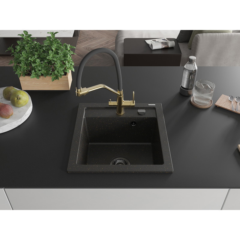 Mexen Vito Granitspüle 1-beckig mit Küchenarmatur Duo, Schwarz/Gold Metallic - 6503-75-671701-57-B