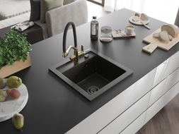 Mexen Vito Granitspüle 1-beckig mit Küchenarmatur Duo, Schwarz/Gold Metallic - 6503-75-671701-57-B