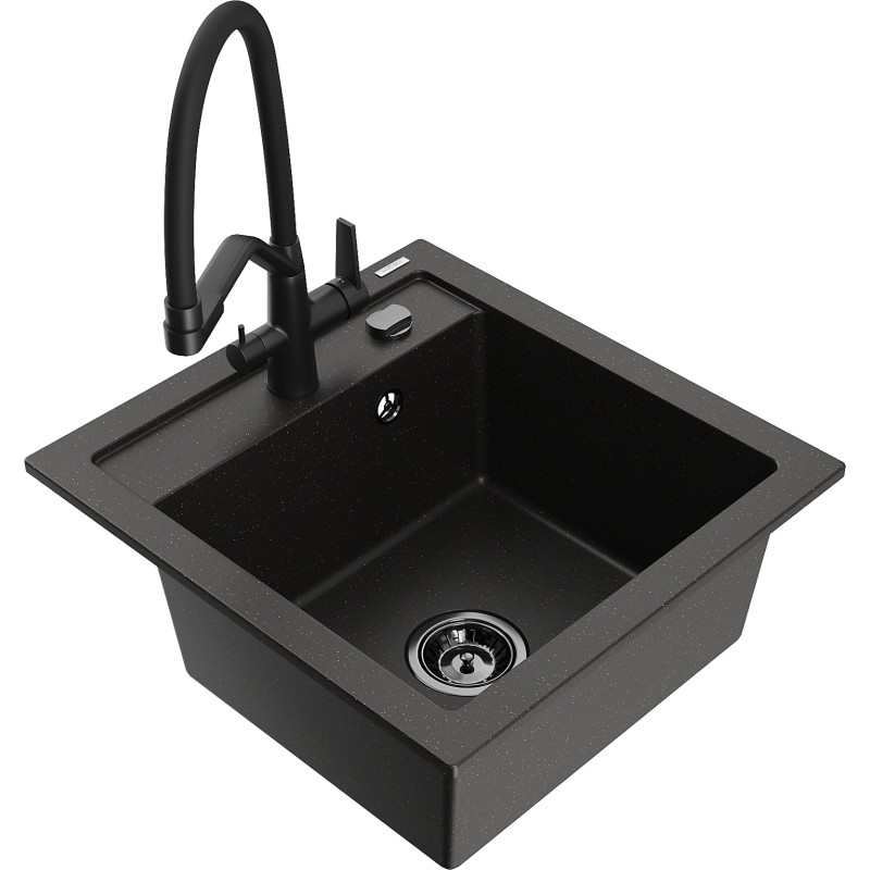 Mexen Vito Granitspüle 1-Becken mit Küchenarmatur Duo, Schwarz/Gold Metallic - 6503-75-671701-70-B