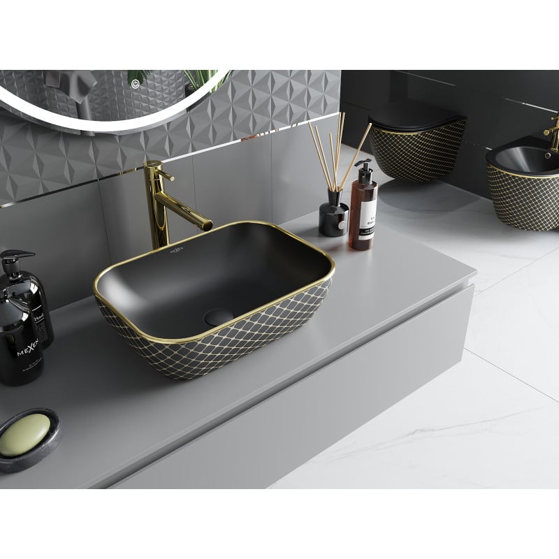 Mexen Rita Waschbecken zur Aufsatzmontage 45 x 32 cm, schwarz matt/goldenes Rautenmuster - 21084579