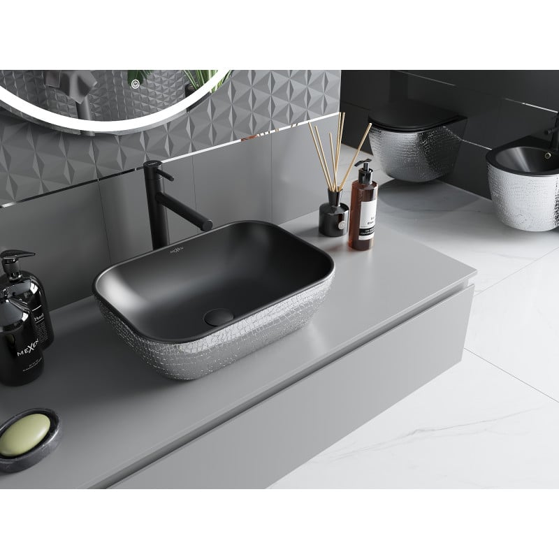 Mexen Rita Aufsatzwaschbecken 45 x 32 cm, schwarz matt/silbernes Schuppenmuster - 21084572