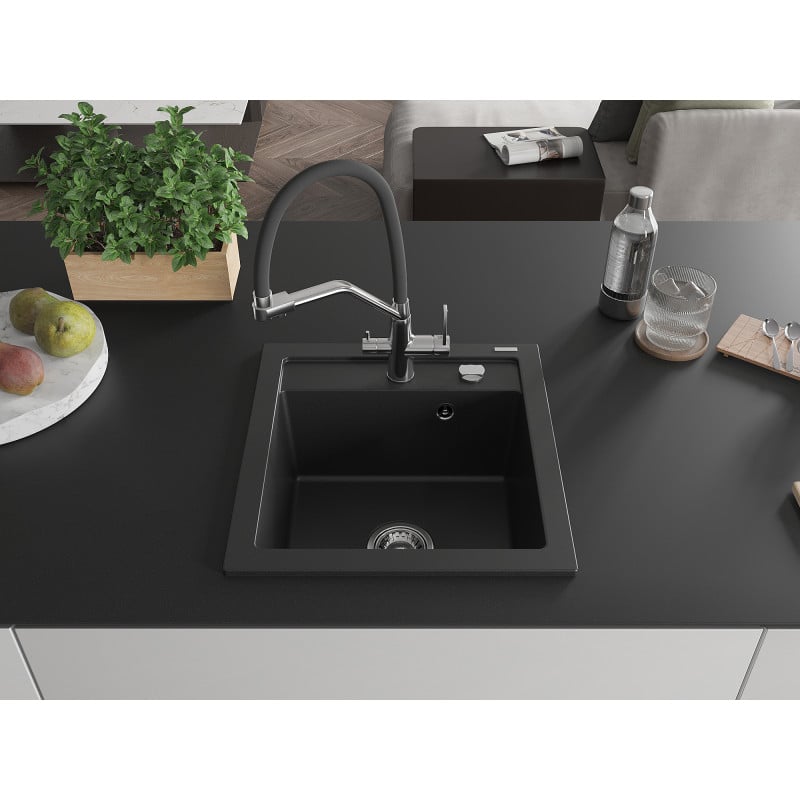 Mexen Vito Granitspüle 1-Becken mit Küchenarmatur Duo, schwarz - 6503-77-671701-07
