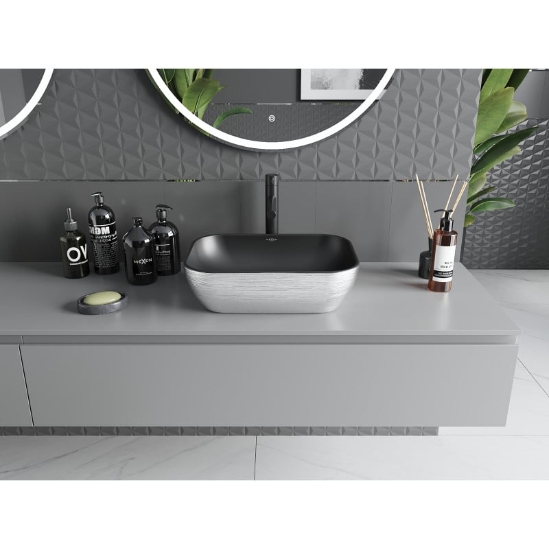 Mexen Rita Aufsatzwaschbecken 45 x 32 cm, schwarz matt/silbernes Linienmuster - 21084573