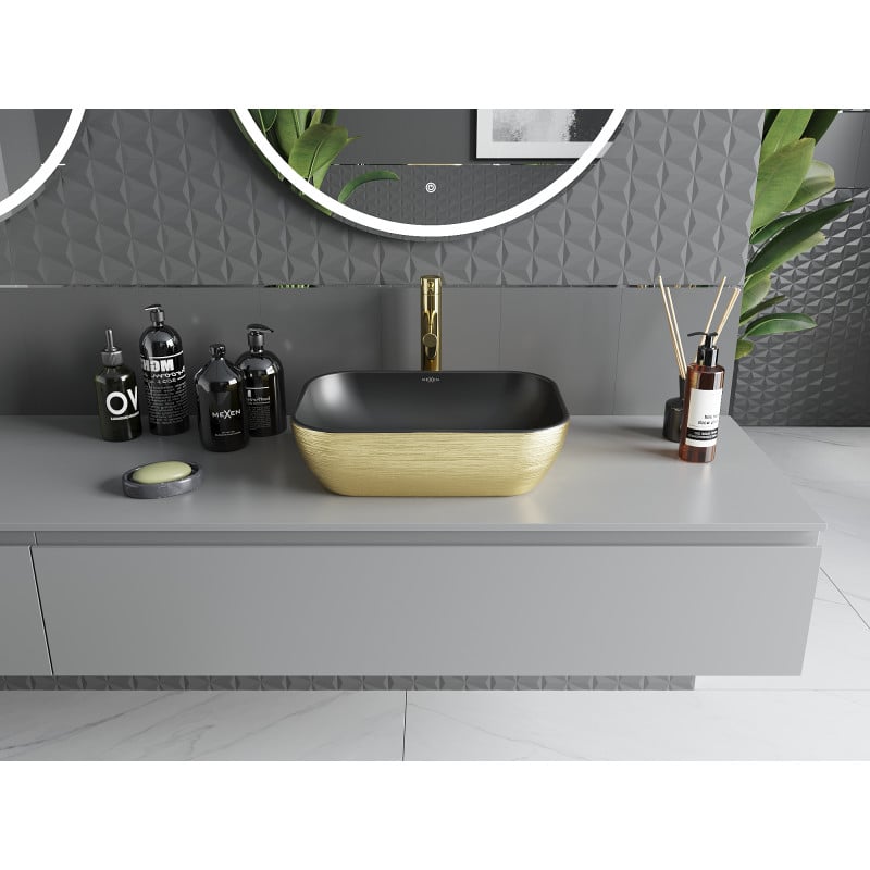 Mexen Rita Aufsatzwaschbecken 45 x 32 cm, schwarz matt/goldenes Linienmuster - 21084577