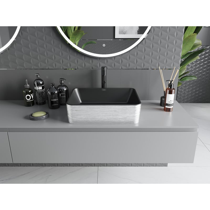 Mexen Catia Waschbecken Aufsatzwaschbecken 48 x 37 cm, schwarz matt/silbernes Linienmuster - 21314873