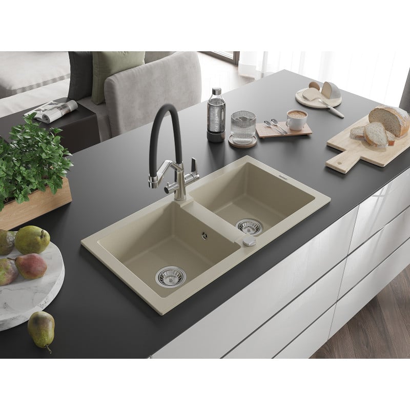 Mexen Mario Granitspüle 2-komorowy mit Küchenarmatur Duo, beige - 6504-69-671701-07