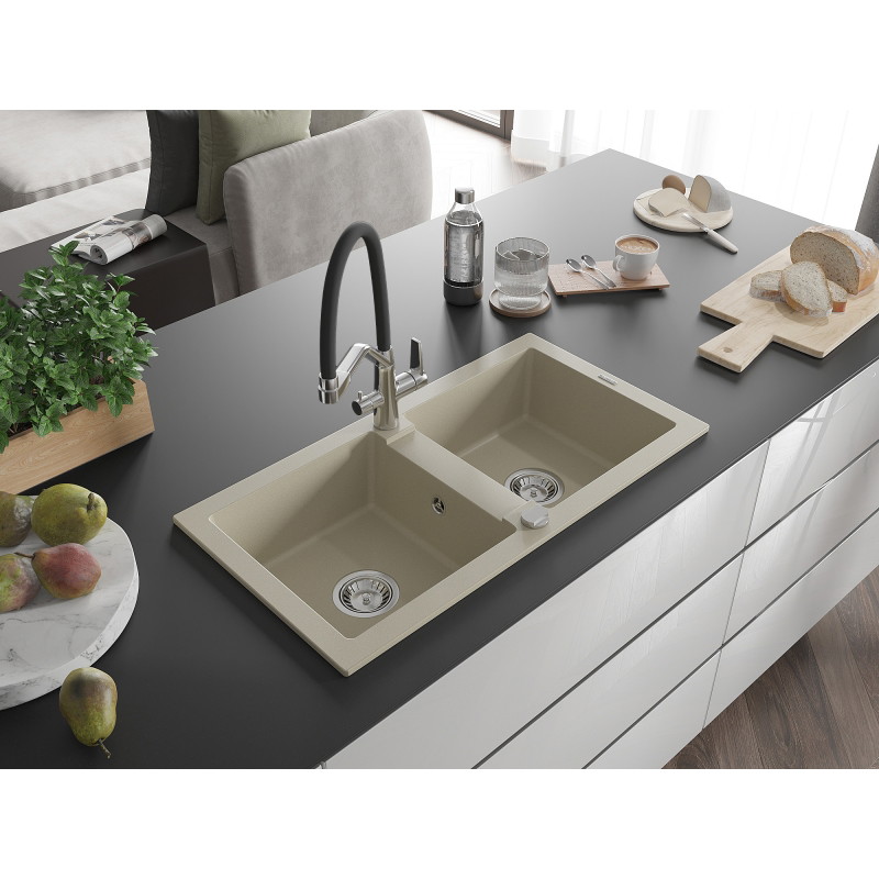 Mexen Mario zweikammergranitspüle mit Küchenarmatur Duo, beige - 6504-69-671701-07