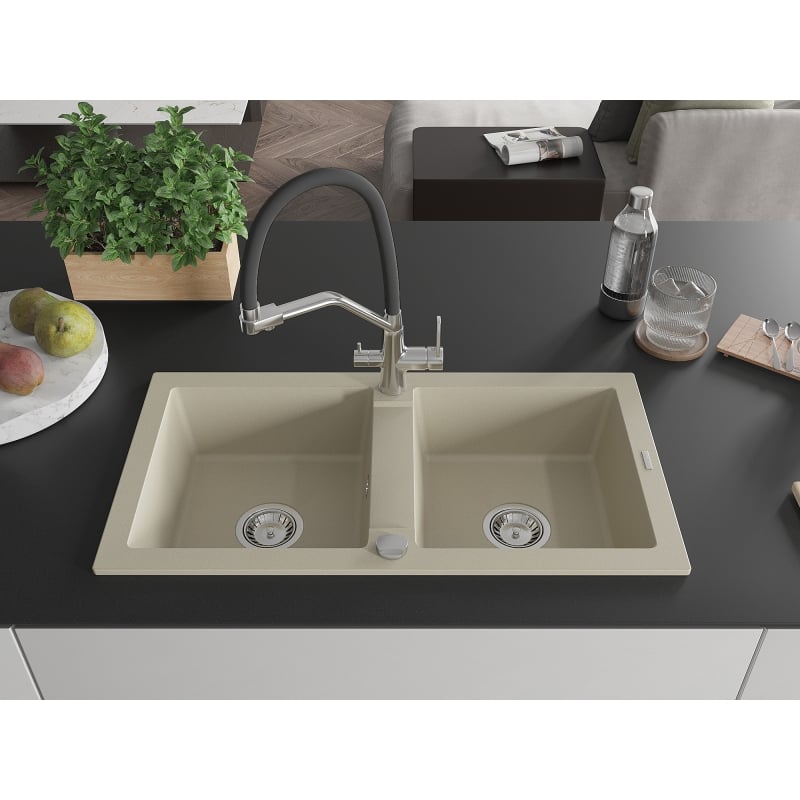 Mexen Mario 2-Kammer-GranitsSpülbecken mit Küchenarmatur Duo, beige - 6504-69-671701-07