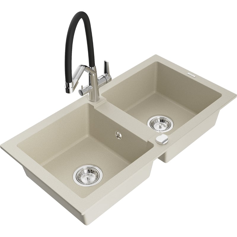Mexen Mario 2-Kammer-GranitsSpülbecken mit Küchenarmatur Duo, beige - 6504-69-671701-07
