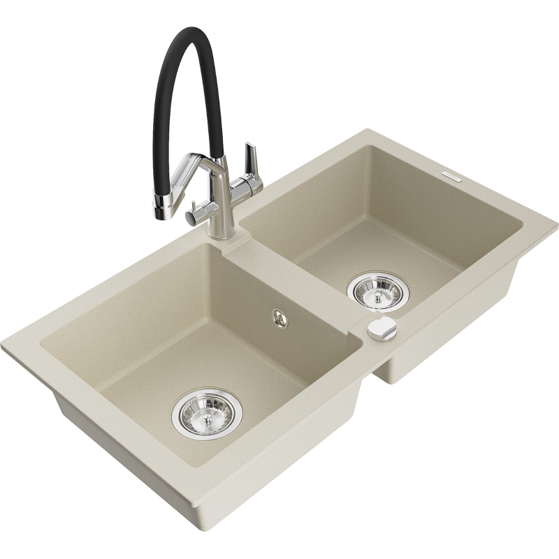 Mexen Mario Granitspüle 2-komorowy mit Küchenarmatur Duo, beige - 6504-69-671701-07
