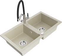 Mexen Mario Granitspüle 2-komorowy mit Küchenarmatur Duo, beige - 6504-69-671701-07