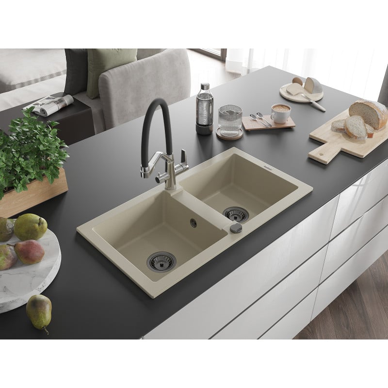 Mexen Mario Granit-Spülbecken mit 2 Fächern und Küchenarmatur Duo, beige - 6504-69-671701-07-B