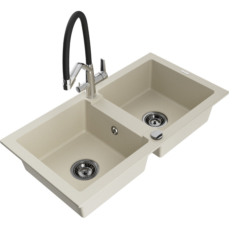 Mexen Mario Granitspüle 2-Kammern mit Küchenarmatur Duo, beige - 6504-69-671701-07-B