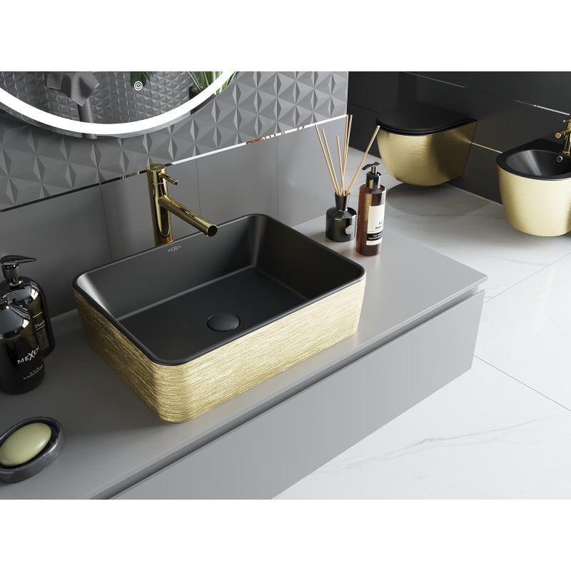 Mexen Catia Aufsatzwaschbecken 48 x 37 cm, schwarz matt/goldenes Linienmuster - 21314877