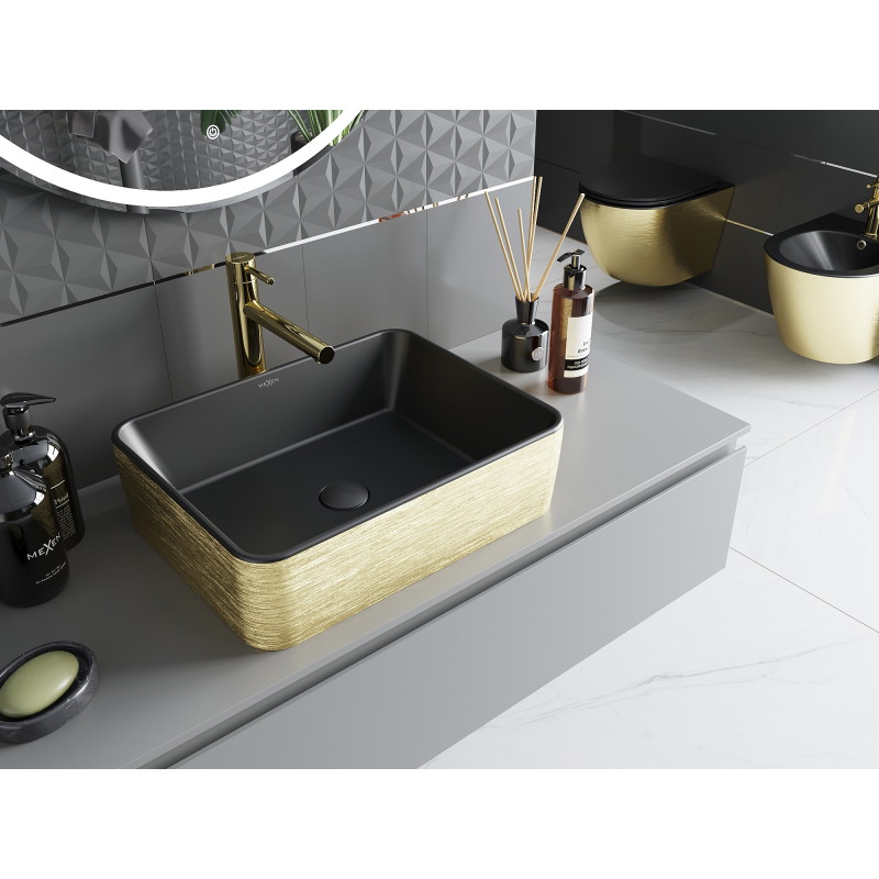 Mexen Catia Aufsatzwaschbecken 48 x 37 cm, schwarz matt/goldenes Muster Linien - 21314877