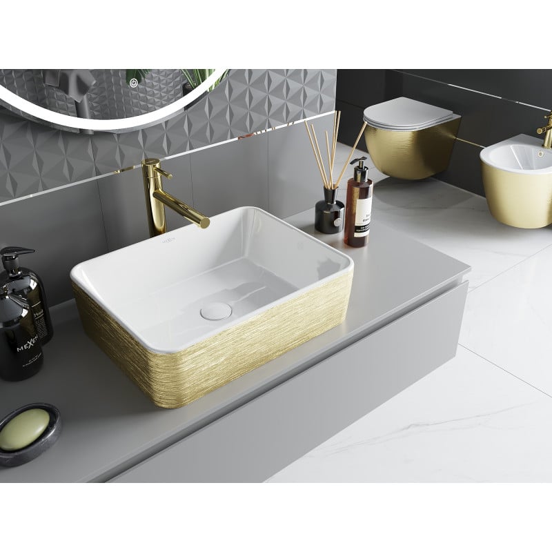 Mexen Catia Aufsatzwaschbecken 48 x 38 cm, weiß/gold Muster Linien - 21314817