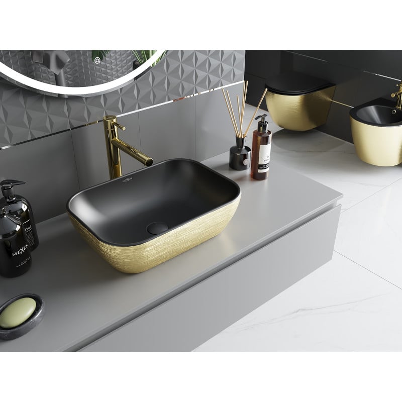 Mexen Rita Aufsatzwaschbecken 45 x 32 cm, schwarz matt/goldenes Linienmuster - 21084577