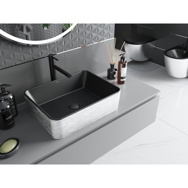 Mexen Catia Waschbecken Aufsatzwaschbecken 48 x 37 cm, schwarz matt/silbernes Linienmuster - 21314873