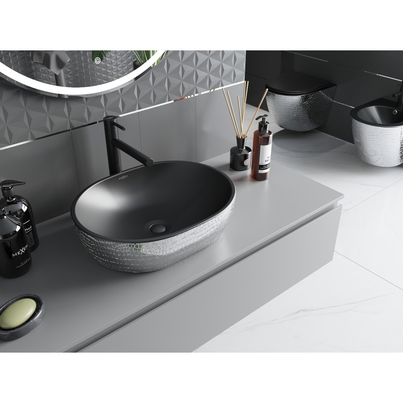 Mexen Viki Aufsatzwaschbecken 48 x 35 cm, schwarz matt/silbernes Schuppenmuster - 21054872