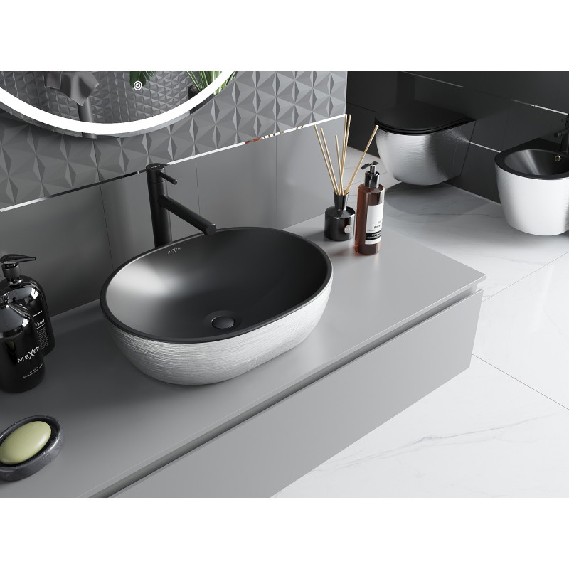 Mexen Viki Aufsatzwaschbecken 48 x 35 cm, schwarz matt/silbernes Muster Linien - 21054873
