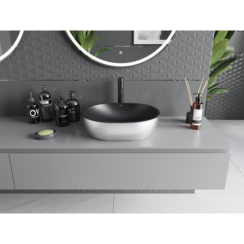 Mexen Viki Aufsatzwaschbecken 48 x 35 cm, schwarz matt/silbernes Linienmuster - 21054873