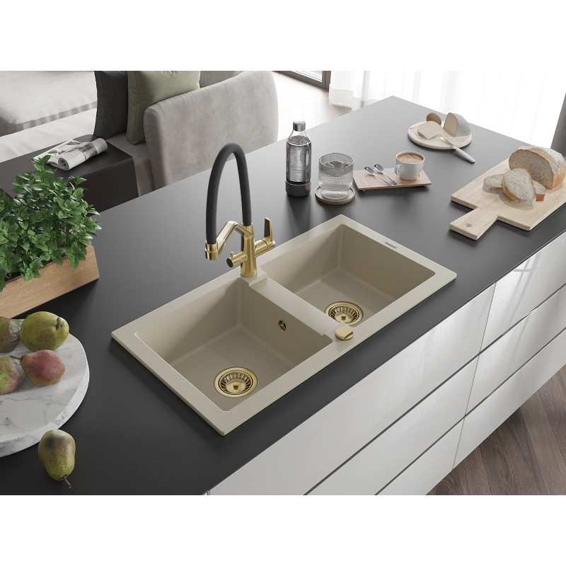 Mexen Mario granitspüle 2-becken mit küchenarmatur Duo, beige - 6504-69-671701-57-G