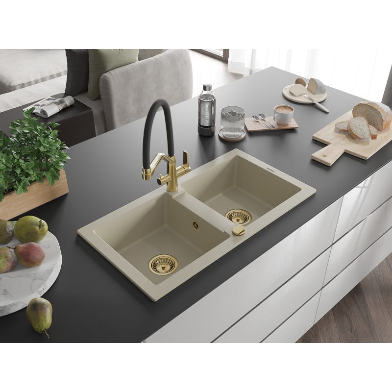Mexen Mario Granitspüle 2-Kammer mit Küchenarmatur Duo, beige - 6504-69-671701-57-G
