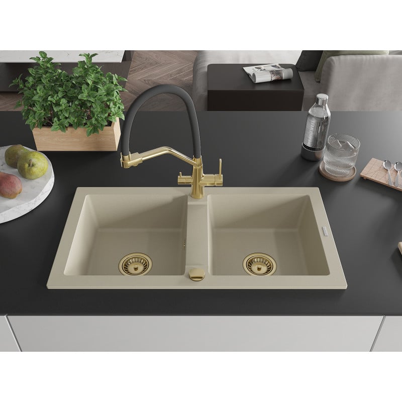 Mexen Mario Granitspüle 2-Kammer mit Küchenarmatur Duo, beige - 6504-69-671701-57-G