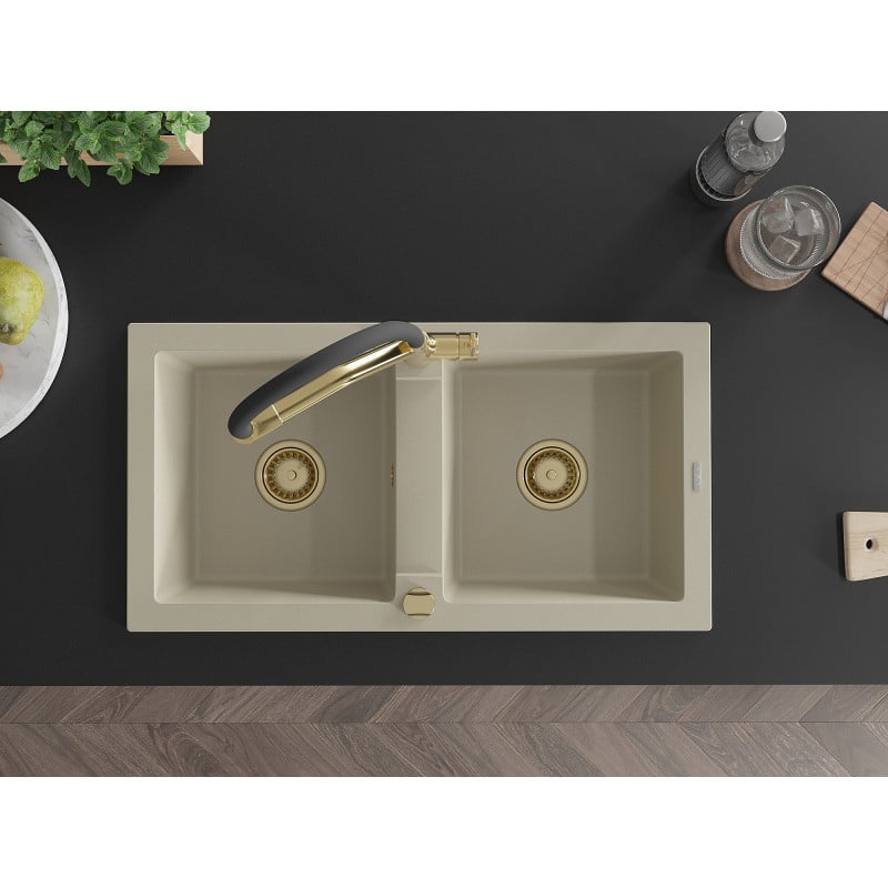 Mexen Mario Granitspüle 2-Kammer mit Küchenarmatur Duo, beige - 6504-69-671701-57-G