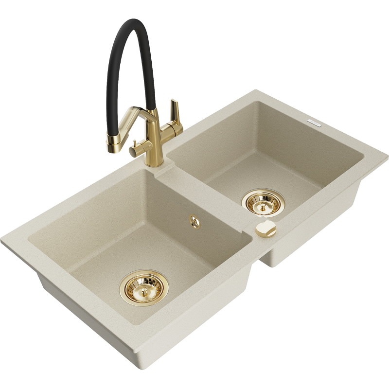 Mexen Mario granitspüle 2-becken mit küchenarmatur Duo, beige - 6504-69-671701-57-G