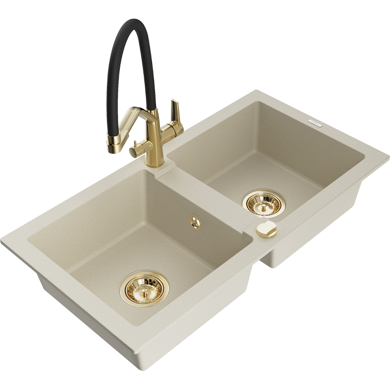 Mexen Mario Granitspüle 2-Kammer mit Küchenarmatur Duo, beige - 6504-69-671701-57-G