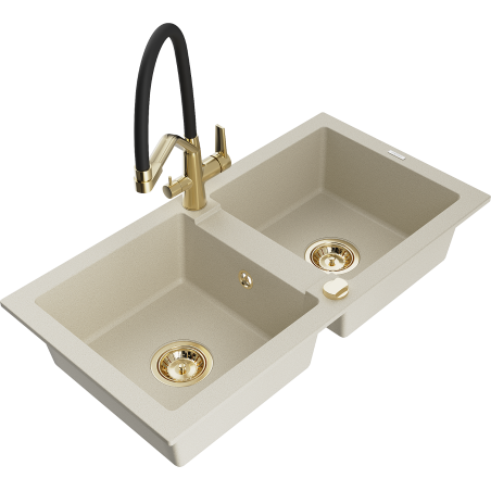 Mexen Mario granitspüle 2-becken mit küchenarmatur Duo, beige - 6504-69-671701-57-G