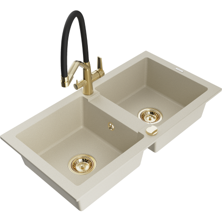 Mexen Mario Granitspüle 2-Kammer mit Küchenarmatur Duo, beige - 6504-69-671701-57-G